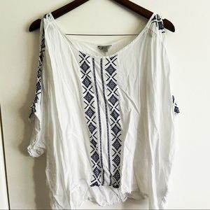 Relaxed Slouchy Cold Shoulder Sleeve Embroidered Aztec Western Top Shirt Size XL